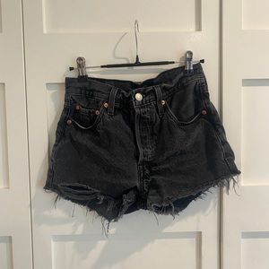 Black Levi 501 Denim Shorts, distressed size 24/25 women’s, button up closure